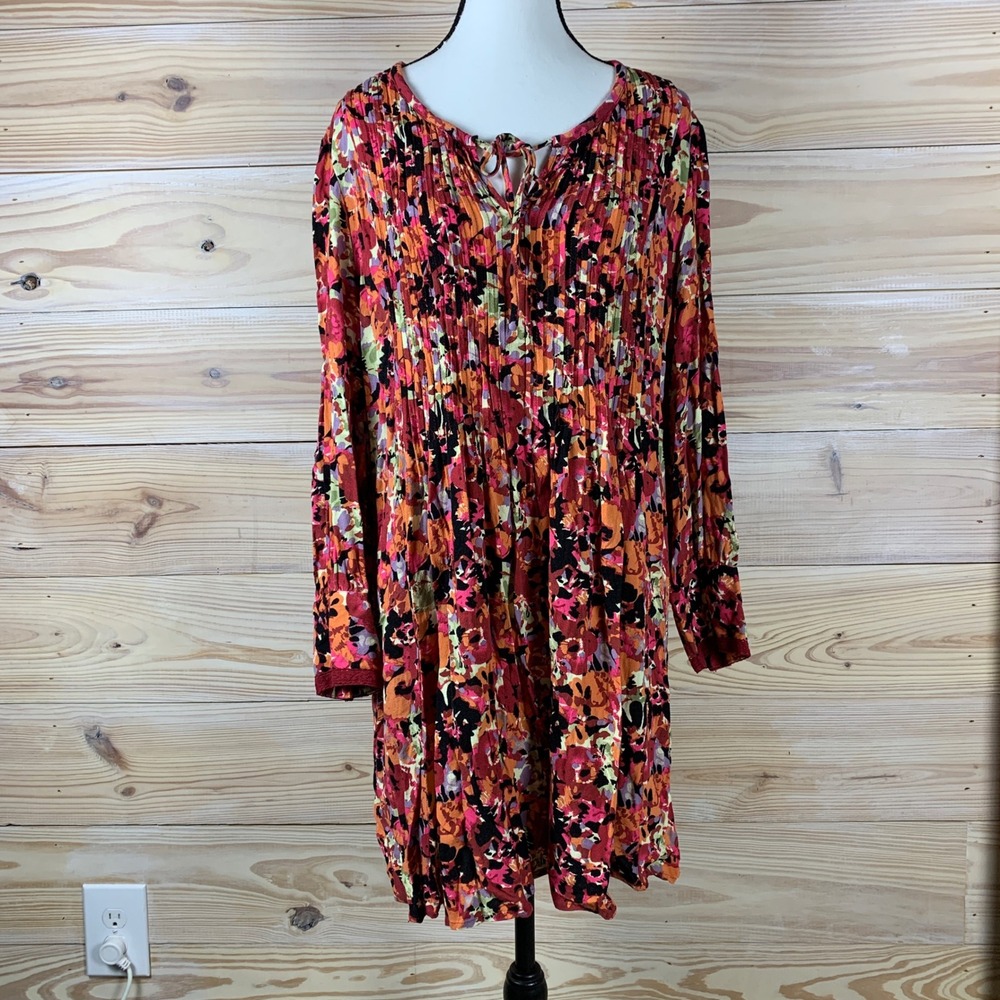 Sahalie Tunic Dress Womens PXL Multicolor Floral Pintuck Split Neck Viscose Boho